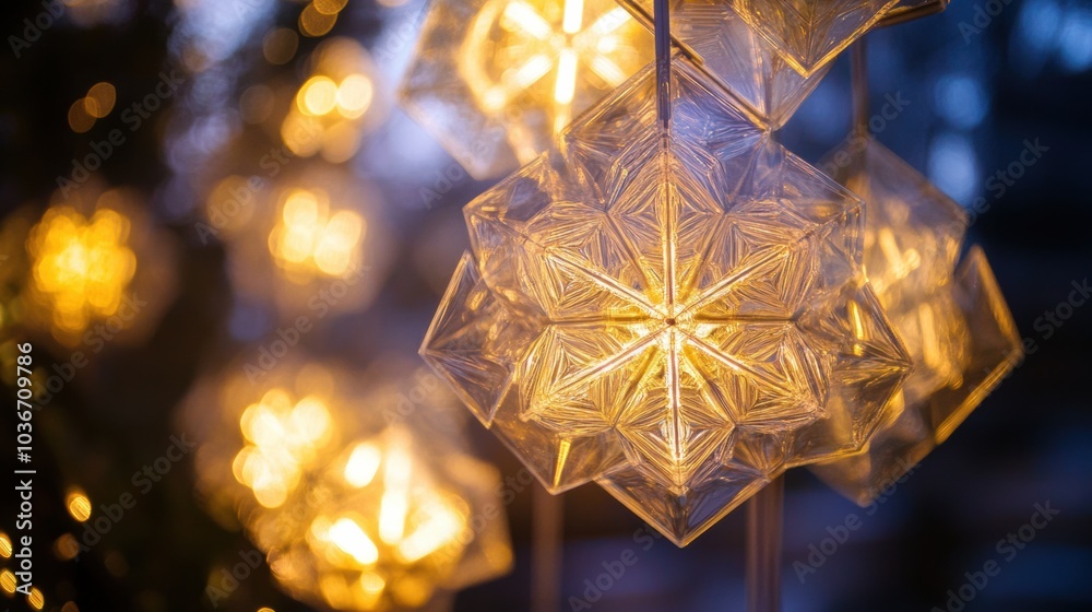 Aufkleber Intricate geometric shapes that resemble snowflakes glow softly against a dark backdrop, creating a warm winter atmosphere. Generative AI