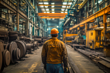 Fototapeta premium A man in a yellow jacket stands in a large industrial building. He is wearing a hard hat and safety glasses. The building is filled with machinery and equipment, and the man is working in a factory