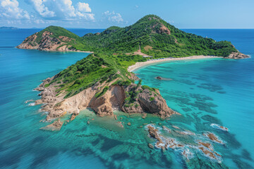 Fototapeta premium Stunning aerial view of a tropical island. Clear turquoise waters and white sandy beaches.