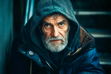 A man with a hooded sweatshirt and a beard is standing in front of a wall. He looks angry and is staring at the camera