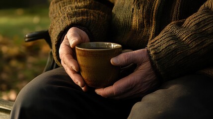Middle-aged man with slight tremor holding cup of coffee on park bench, symbolizing struggle with Parkinson's disease, calm natural setting.