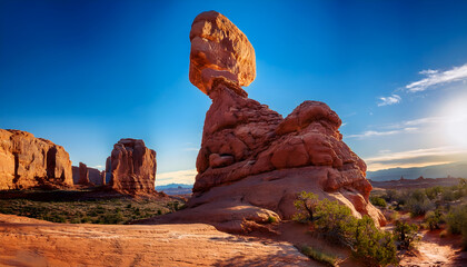 Stunning view of the iconic Balanced Rock in Arches National Park, Utah, captured at sunset with a vibrant blue sky. This natural wonder showcases the beauty of geological formations