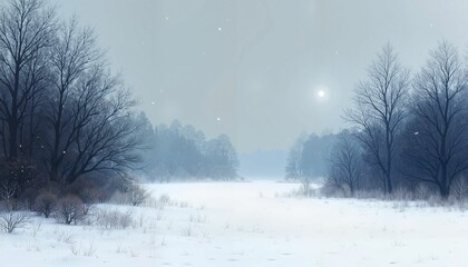 Misty winter forest landscape with snow-covered field and ethereal atmosphere
