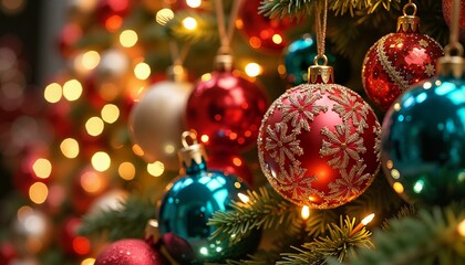 Festive close-up of shimmering colorful Christmas ornaments on decorated tree