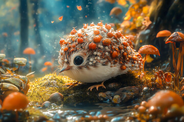 A small bird with a lot of red and orange decorations on it is sitting on a rock. The bird is surrounded by mushrooms and leaves, giving the impression of a forest scene