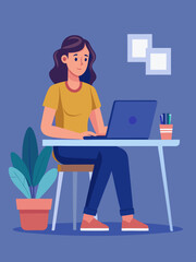 A vector illustration of a young woman sitting at a desk using a laptop. She is relaxed, with her shoulder-length hair slightly tousled, focused on the screen. Her posture is casual, with one hand on 