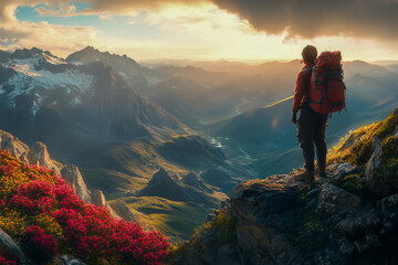 Fototapeta premium A man is standing on a mountain top with a backpack on. The mountains are covered in snow and the sky is cloudy. The man is looking out over the landscape, taking in the beauty of the scene