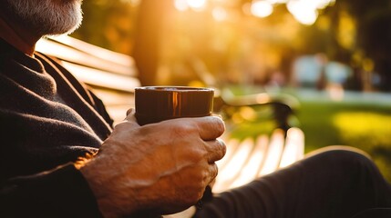 Middle-aged man with slight tremor holding cup of coffee on park bench, symbolizing struggle with Parkinson's disease, calm natural setting.