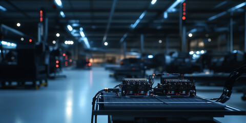 A large industrial space with a table in the middle with two black boxes on it. Scene is industrial and mechanical