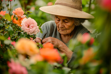 A woman is cutting flowers in a garden. She is wearing a straw hat and a green shirt
