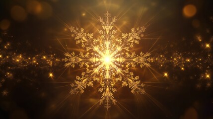 Intricate golden snowflake patterns radiate light in a dark setting, creating a captivating and festive atmosphere for winter festivities. Generative AI
