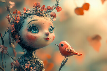 A girl with a bird on her shoulder. The bird is red. The girl is smiling. The image has a happy and playful mood