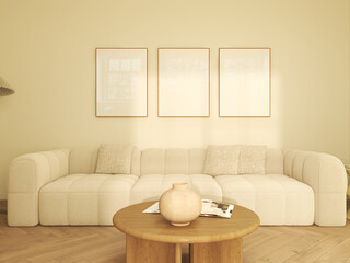 neutral living room three frames mockup on beige wall, gallery wall art. 3 empty posters mock-up, white couch and wood table. 3D render