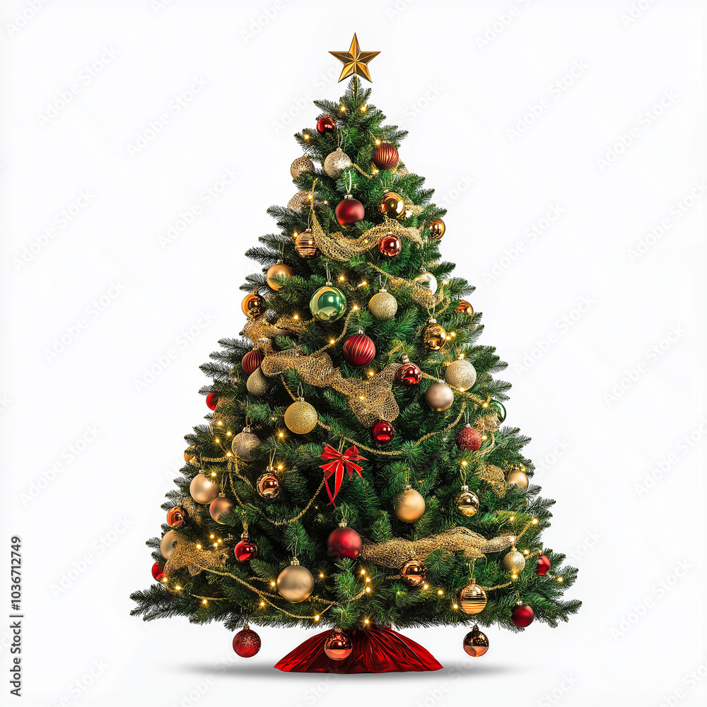 Wall mural christmas tree decorated with ornaments and festive lights isolated on white. festive christmas tree