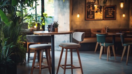 A comfortable bar stool beside a restaurant-style table with a coffee setup, blending into a chic living space