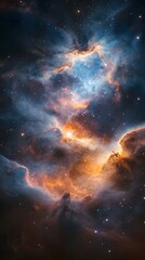 Naklejka premium A stunning view of a nebula, showcasing vibrant blues and oranges against a backdrop of countless stars, evoking a sense of wonder and the vastness of space.