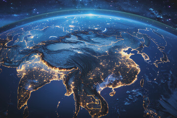 Obraz premium Satellite view of Earth's globe from space, city lights by night, East Asia China abstract map.