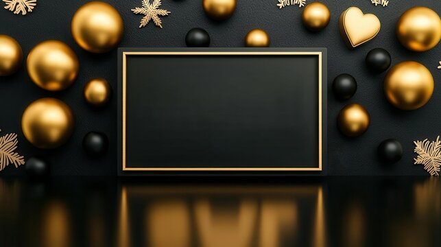 Elegant gold and black background featuring decorative elements and a prominent blank sign for holiday, and discount promotions.