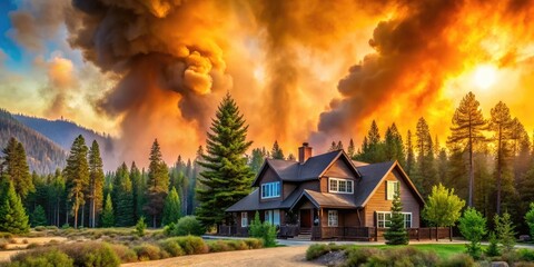 Fototapeta premium House in Neighborhood Near Lake Tahoe Surrounded by Thick Smoke from Forest Fires, Evoking Nature's Power and Community Resilience Amidst Environmental Challenges