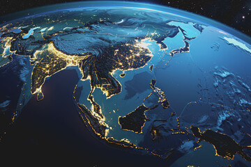 Satellite view of Earth's globe from space, city lights by night, East Asia China abstract map.