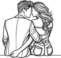 Black Grunge Line Art Style Romance Couple Kiss and Romantic Pose Hand Drawn Illustration