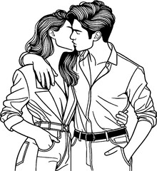 Black Grunge Line Art Style Romance Couple Kiss and Romantic Pose Hand Drawn Illustration
