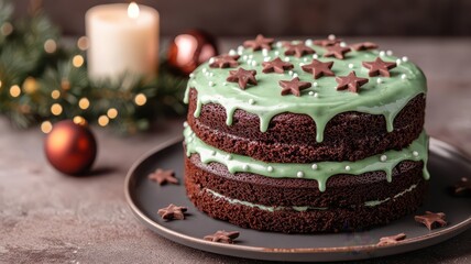 A festive, three-layer chocolate cake with mint frosting, adorned with star-shaped chocolate decorations, set against a cozy holiday backdrop.