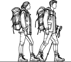 Black Grunge Line Art Style Romance Couple Hiking Travel Hand Drawn Illustration