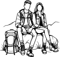Black Grunge Line Art Style Romance Couple Hiking Travel Hand Drawn Illustration
