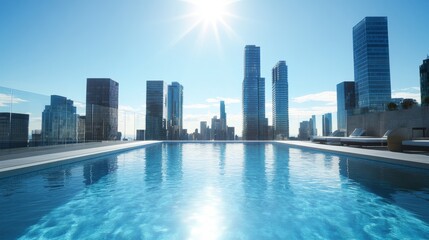 Fototapeta premium A glistening rooftop pool under the sun, with tall urban buildings in the distance on a clear day