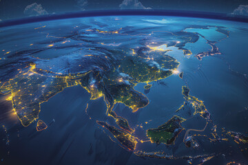 Fototapeta premium Satellite view of Earth's globe from space, city lights by night, East Asia China abstract map.