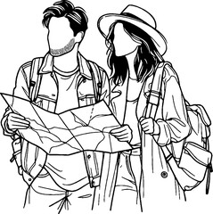 Black Grunge Line Art Style Romance Couple Hiking Travel Hand Drawn Illustration