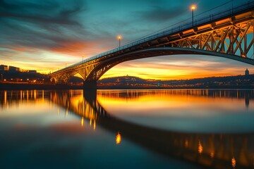 Fototapeta premium Bridge over a River at Sunset with City Skyline in the Distance
