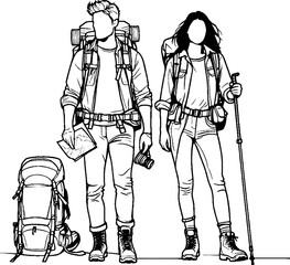 Black Grunge Line Art Style Romance Couple Hiking Travel Hand Drawn Illustration