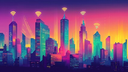 Fototapeta premium Neon Cityscape with Wifi Signals