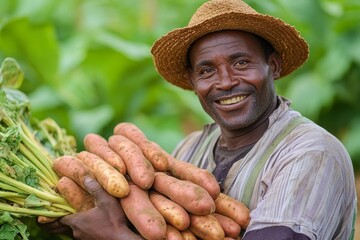 Fototapeta premium Cheerful vegetable farmer holding freshly picked sweet potatoes, Generative AI