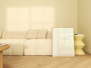 frame standing on wood floor in modern living room with white couch. empty poster with glass effect. 3d render