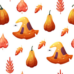 Halloween seamless pattern with witch hat, pumpkins and dry golden leaves