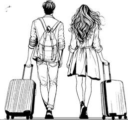 Black Grunge Line Art Style Romance Couple Traveling Holiday Hand Drawn Illustration