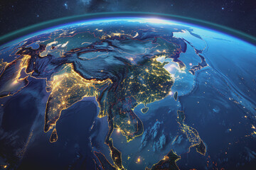 Fototapeta premium Satellite view of Earth's globe from space, city lights by night, East Asia China abstract map.