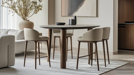 A high bar stool paired with a sleek restaurant table, surrounded by neutral tones in a modern living space
