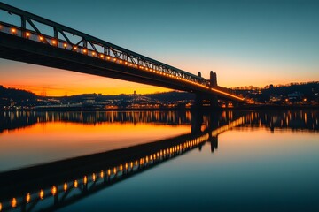 Fototapeta premium Bridge Silhouette Reflecting in Calm Water During Sunset