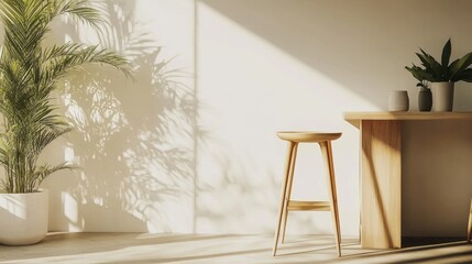 A light-toned bar stool with a wooden seat stands beside a compact modern table in a stylish living space