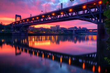 Naklejka premium Steel Bridge Reflecting in a Calm River at Sunset