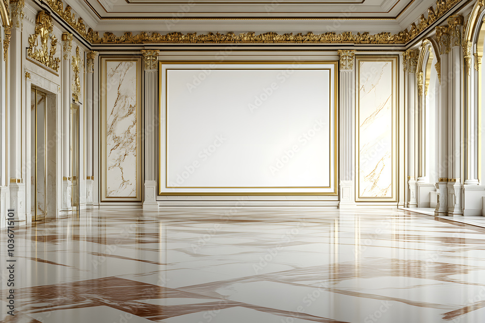 Wall mural A large empty room with a white frame on the wall. The room is decorated with marble and gold accents