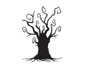 Halloween hand drawn spooky tree doodle silhouette. Creepy tree