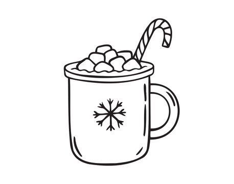recommend clip art: Cup of hot cocoa with marshmallows and candy cane doodle hand drawn isolated icon. Doodle cocoa cup for Christmas 