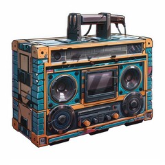 Obraz premium Illustration of a vintage boombox with an antenna up, playing music