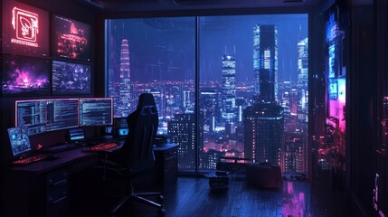 A modern room with gaming chairs, LED lights, and multiple monitors on a desk, with a city skyline in the distance