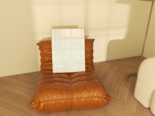 wood frame mockup on leather chair with glass reflection effect. white poster standing, neutral and modern living room decor. 3D render